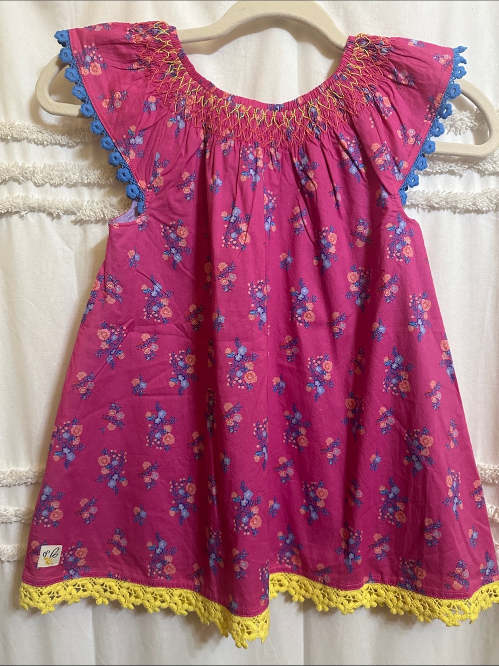 Wildflowers Hot Pink Floral Smocked Dress with Blue Trim